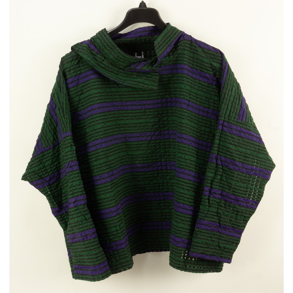 Dress To Kill Wrap Collar High Tunic Top Women's Green Purple Striped Semi-Sheer